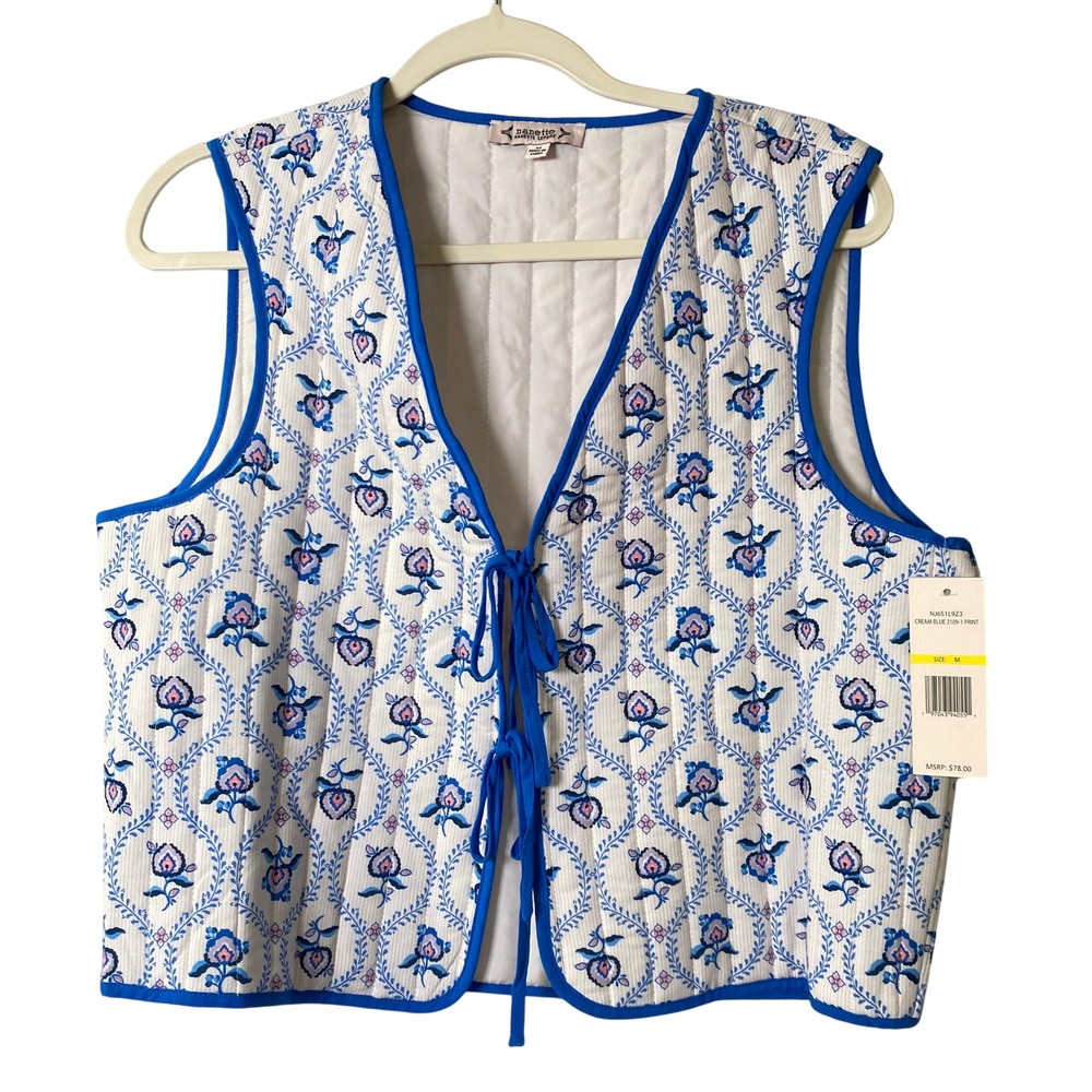 Nanette Lepore Quilted Floral Vest Women M Blue Cottagecore Grandmacore NWT
